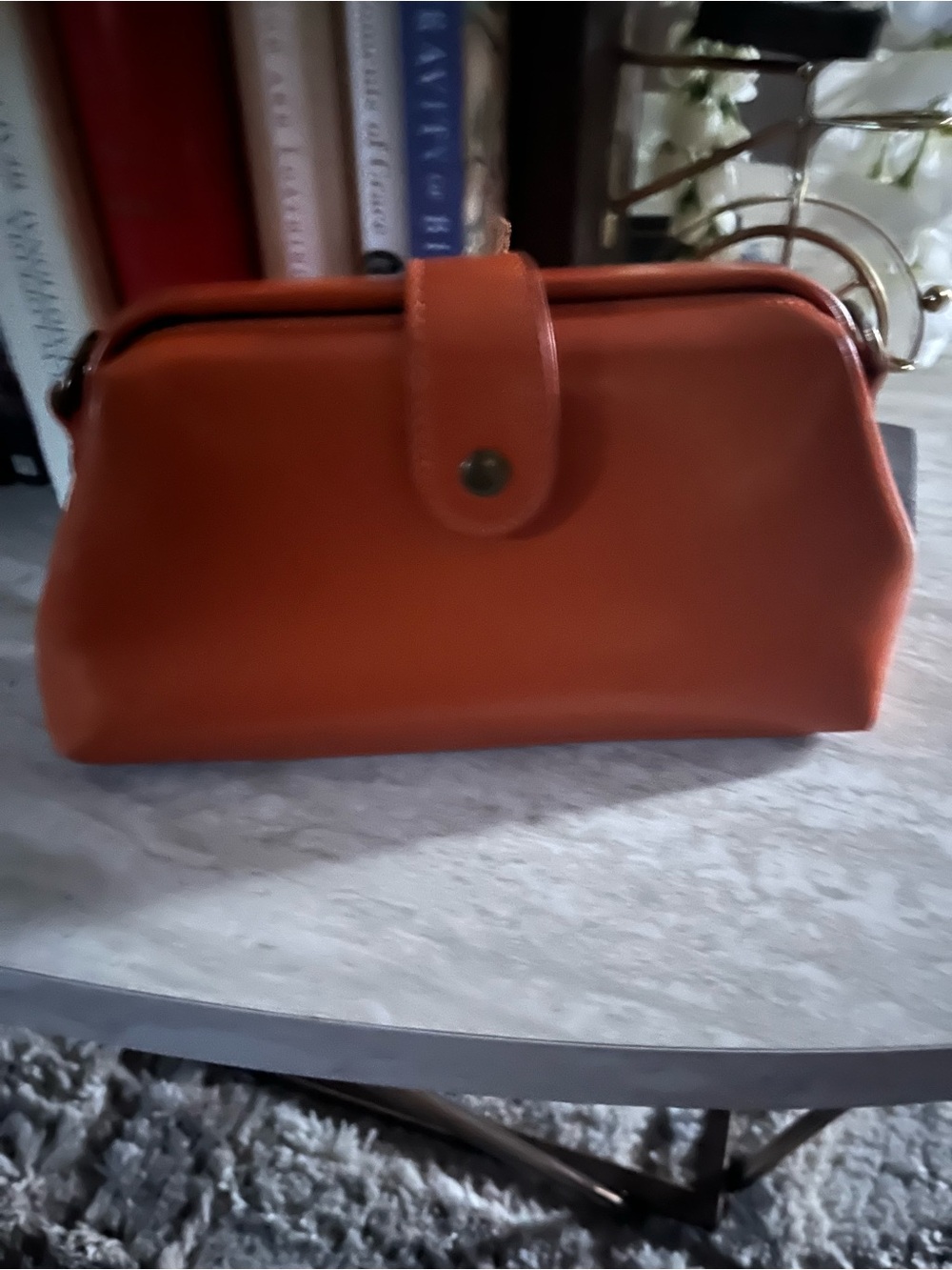 Structured Orange Leather Wristlet Clutch